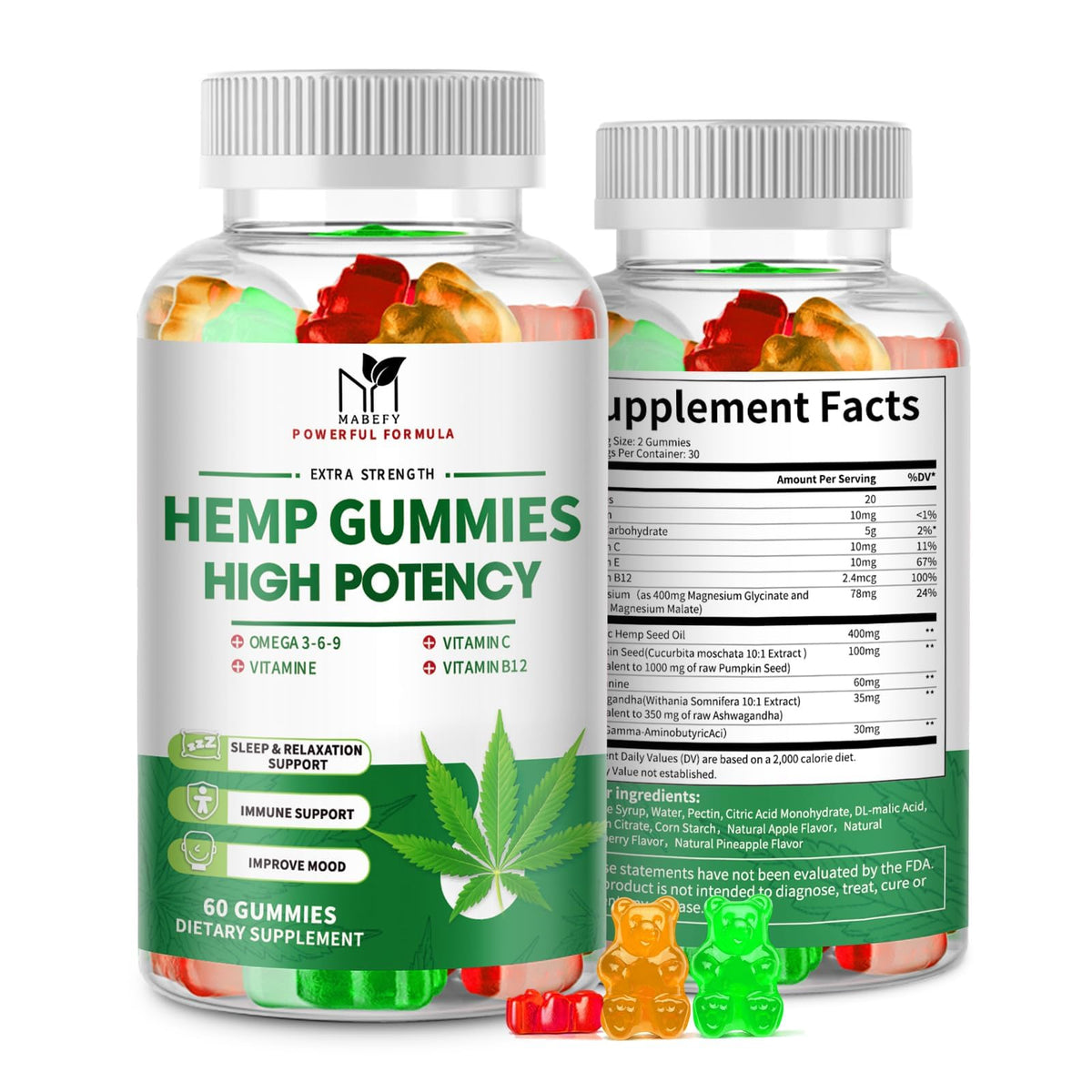 MABEFY Hemp Gummies extra strength bottle for everyday calm and relaxation.