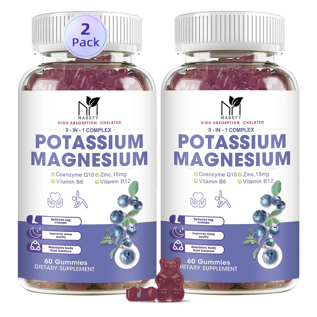 MABEFY Potassium Magnesium Gummies bottle with a comprehensive mineral blend for relaxed muscles.