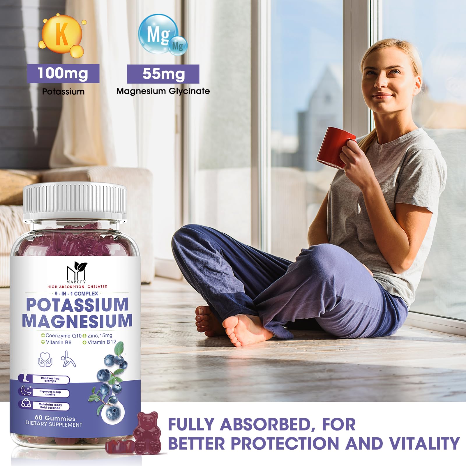 MABEFY gummies ingredients panel highlights CoQ10, D3, and B vitamins for daily vitality.