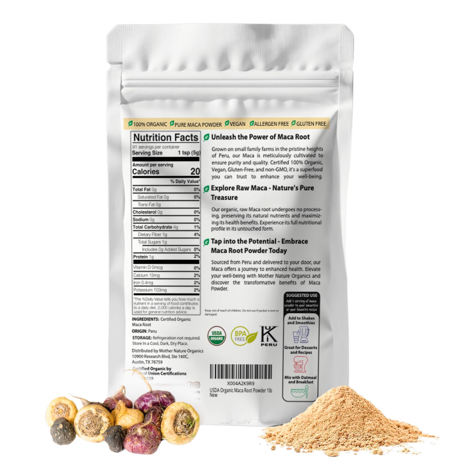 Close-up of maca powder texture highlighting raw gluten-free source