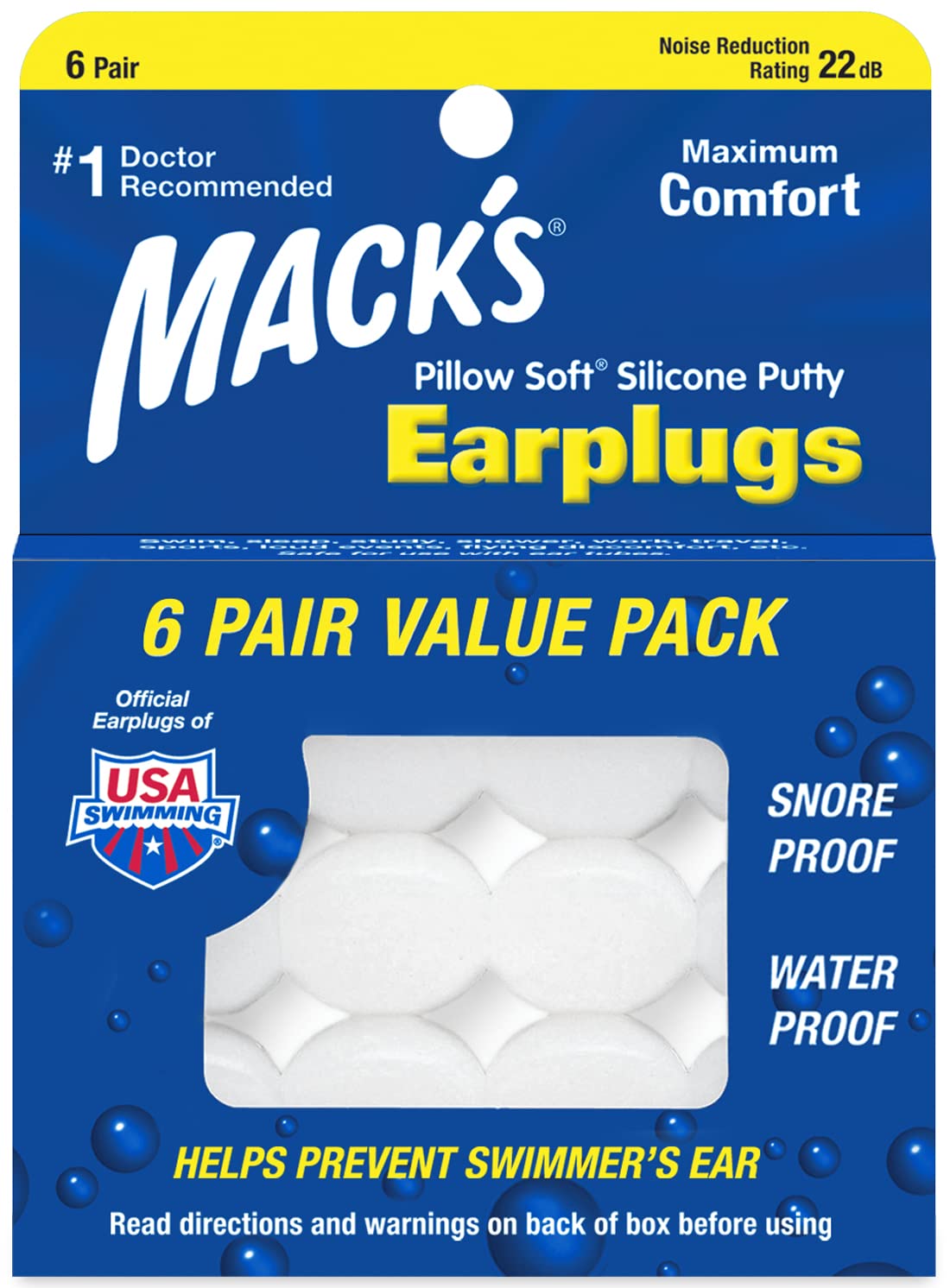 Tapones Mack's de silicona moldeable para dormir, confort y protección auditiva.