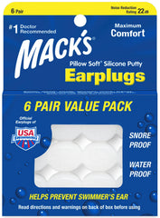 Tapones Mack's de silicona moldeable para dormir, confort y protección auditiva.