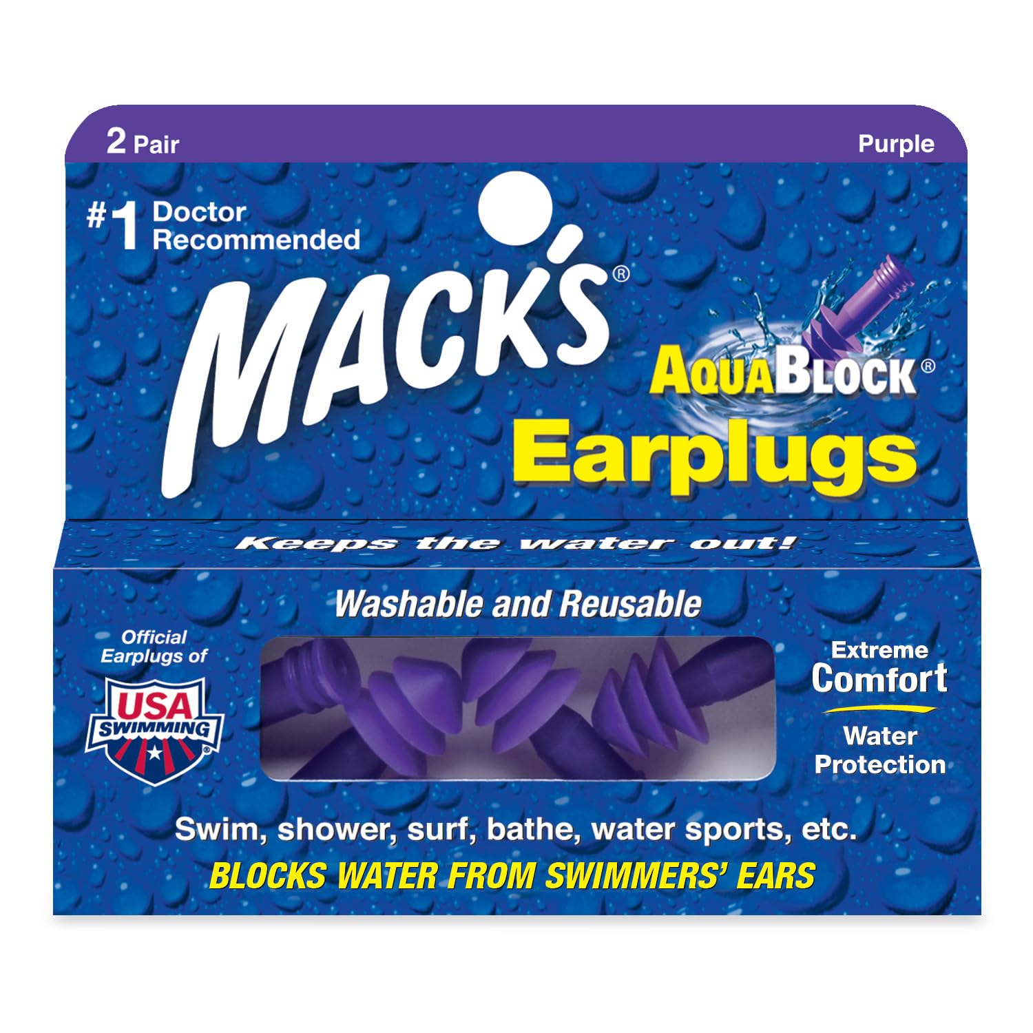 Mack's AquaBlock earplugs in package protect ears from water during swimming