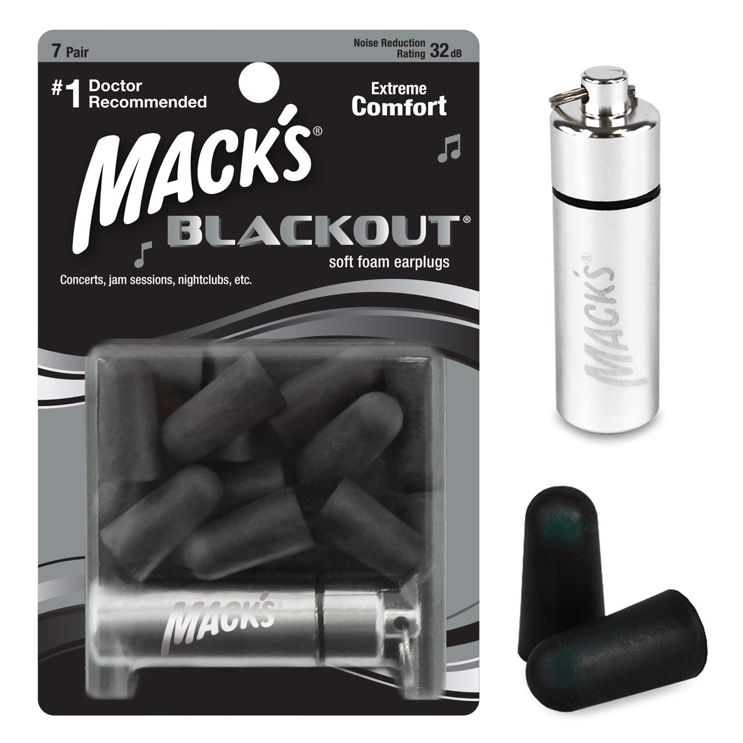 Mack's Blackout earplugs 7-pair pack for durable hearing protection at events