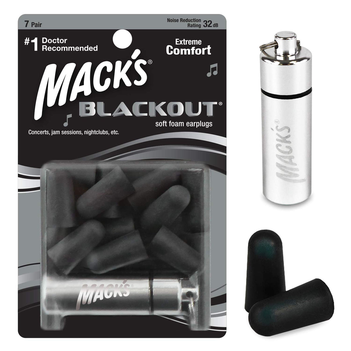 Mack's Blackout earplugs 7-pair pack for durable hearing protection at events