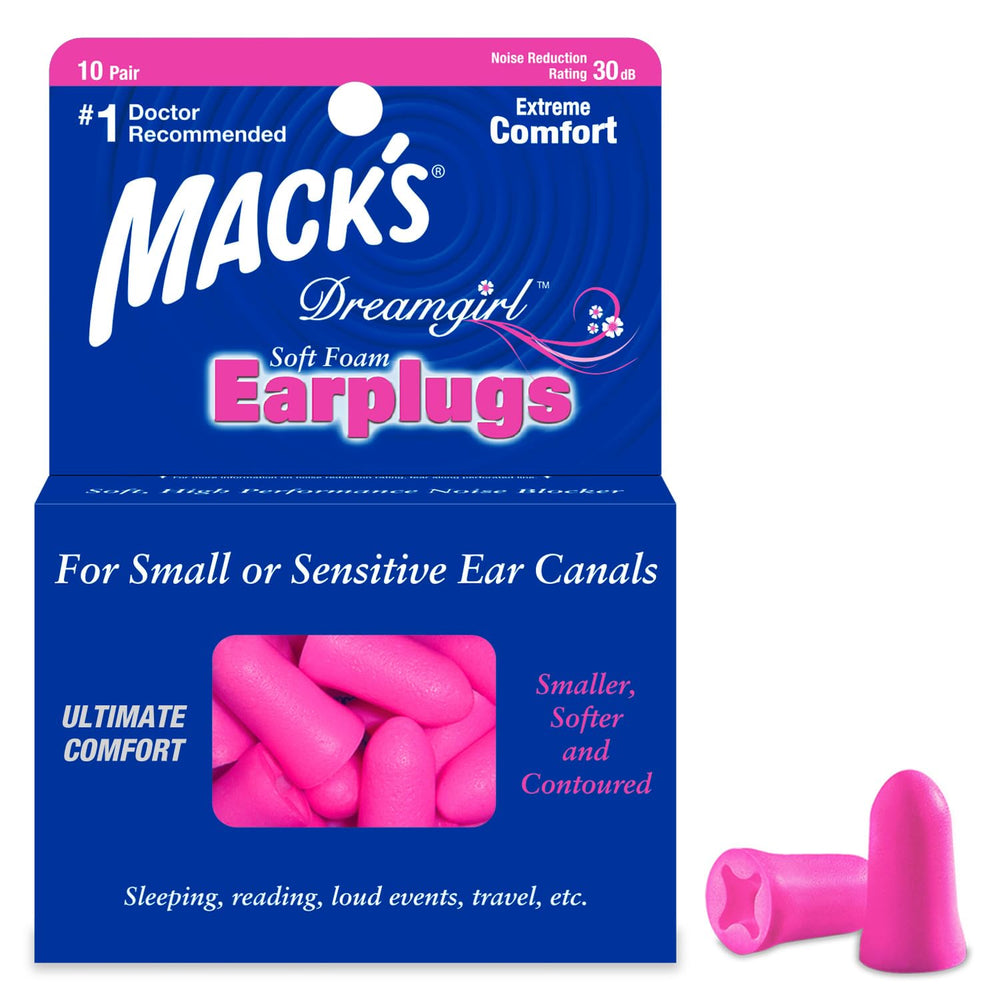 Mack's Dreamgirl earplugs in pink, soft foam full view.