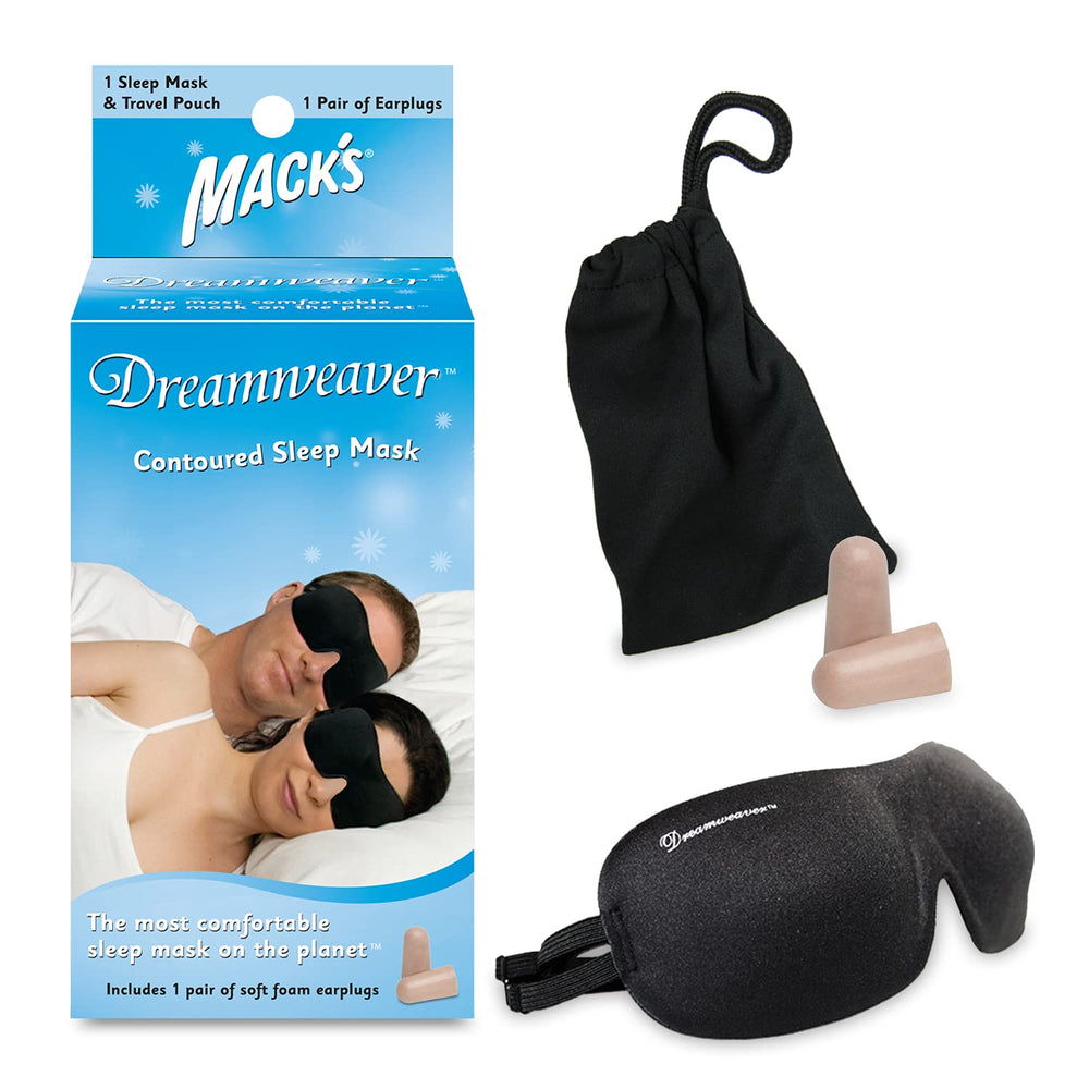 Mack's Dreamweaver contoured sleep mask side view for slim profile and darkness.