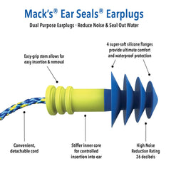 Mack's Ear Seals earplugs with detachable cord for easy neck-hanging.