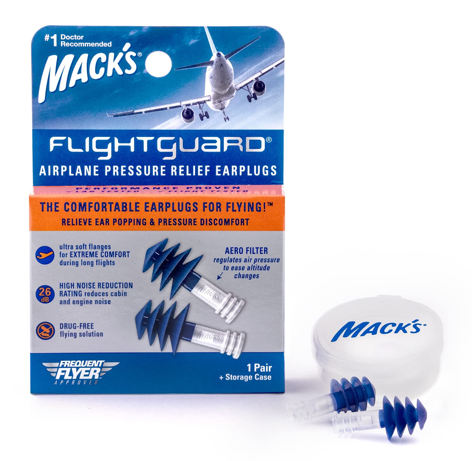 Mack’s Flightguard earplugs packaging showing travel-friendly design for on-the-go use