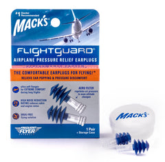 Mack’s Flightguard earplugs packaging showing travel-friendly design for on-the-go use