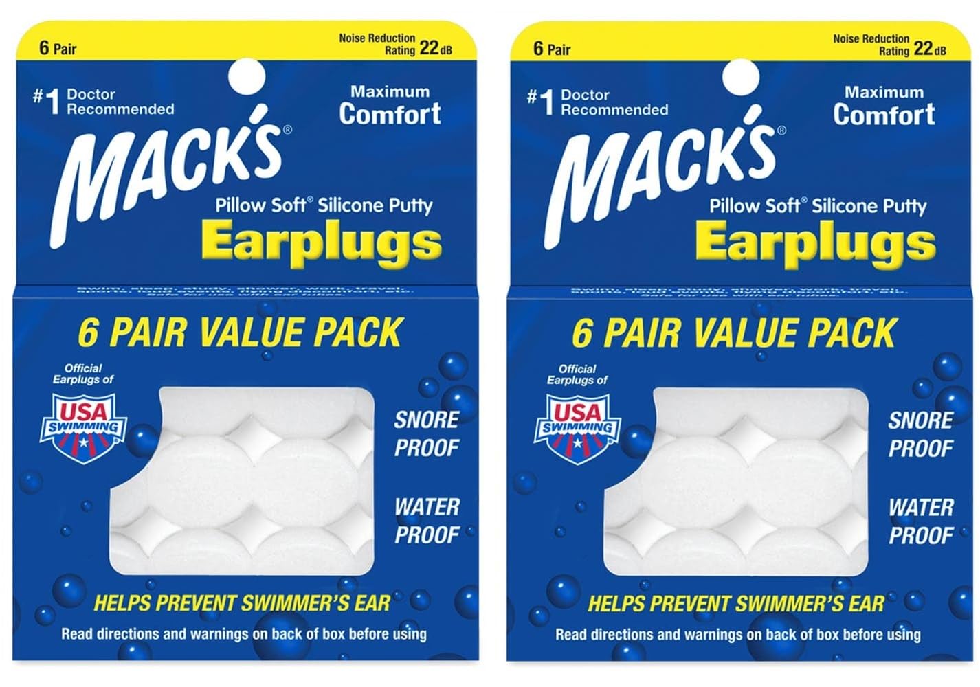 Mack's Pillow Soft silicone earplugs in a pack for quiet sleep.