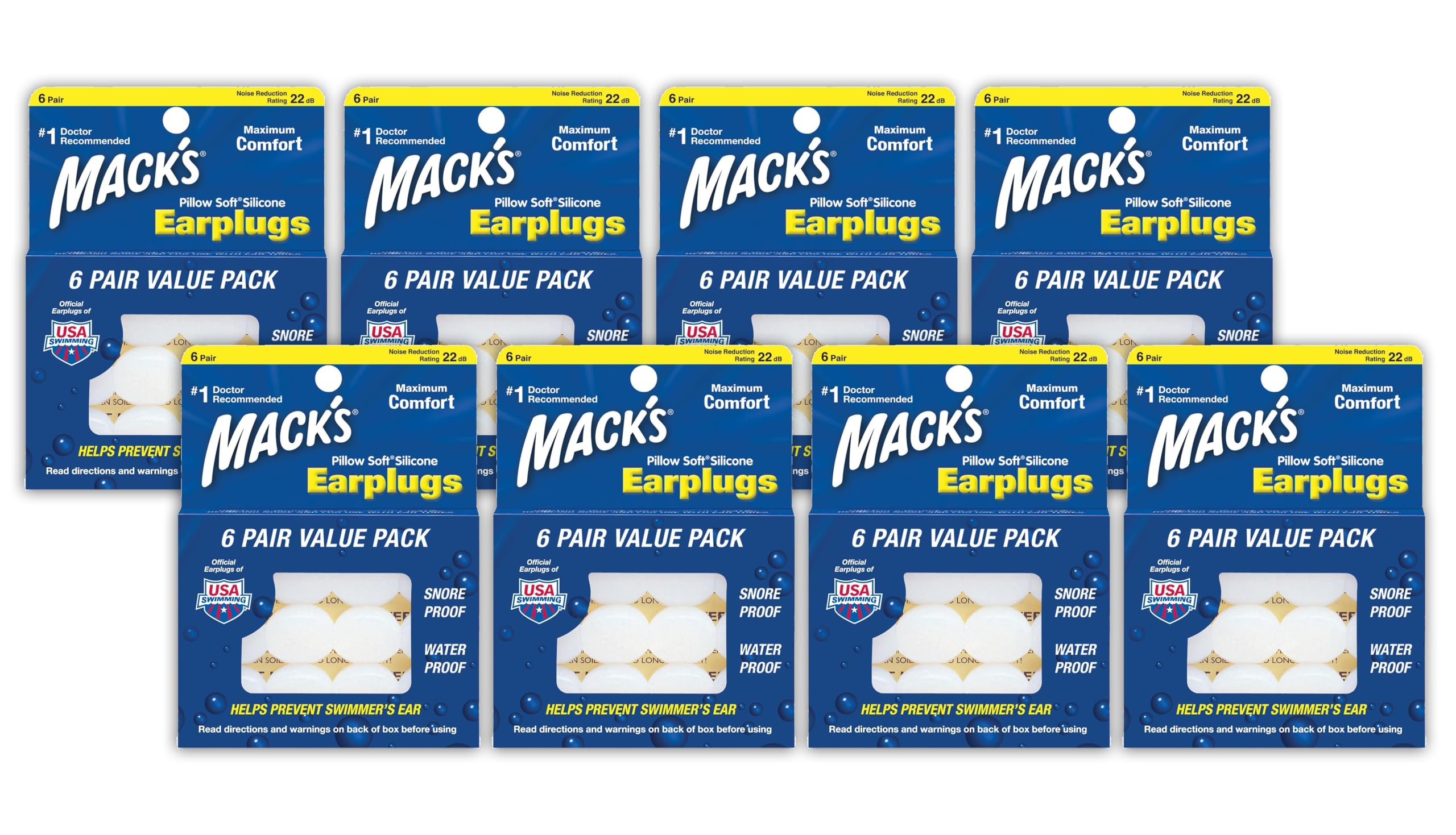 Mack's Pillow Soft earplugs packaging promotes comfortable sleep and travel protection.