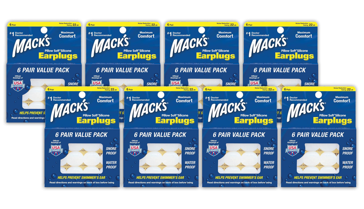 Mack's Pillow Soft earplugs packaging promotes comfortable sleep and travel protection.