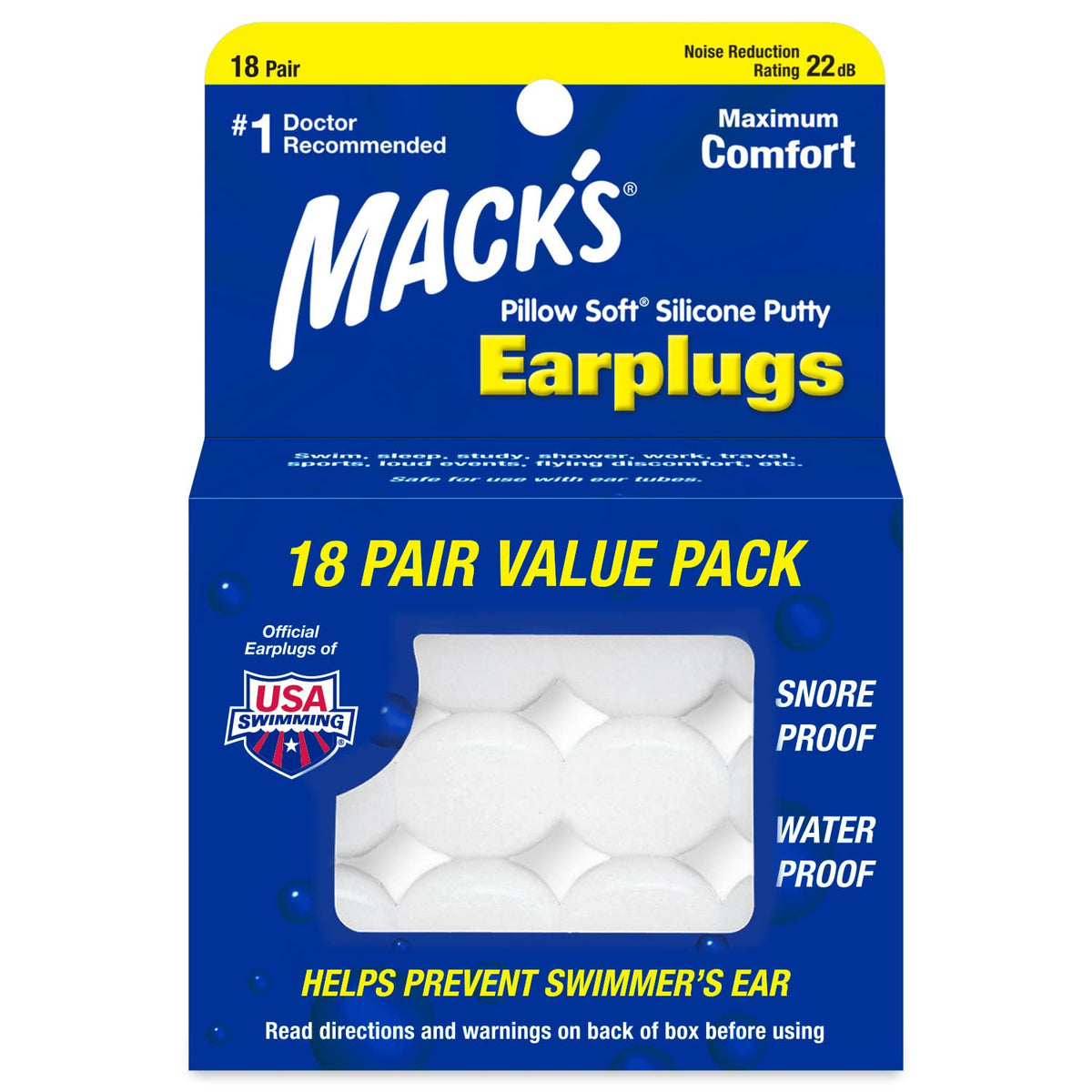 Mack's Pillow Soft silicone earplugs packaging for easy sleep and travel.