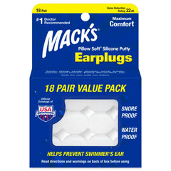 Mack's Pillow Soft silicone earplugs packaging for easy sleep and travel.