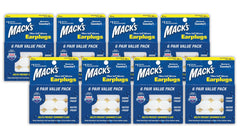 Mack's Pillow Soft earplugs packaging promotes comfortable sleep and travel protection.