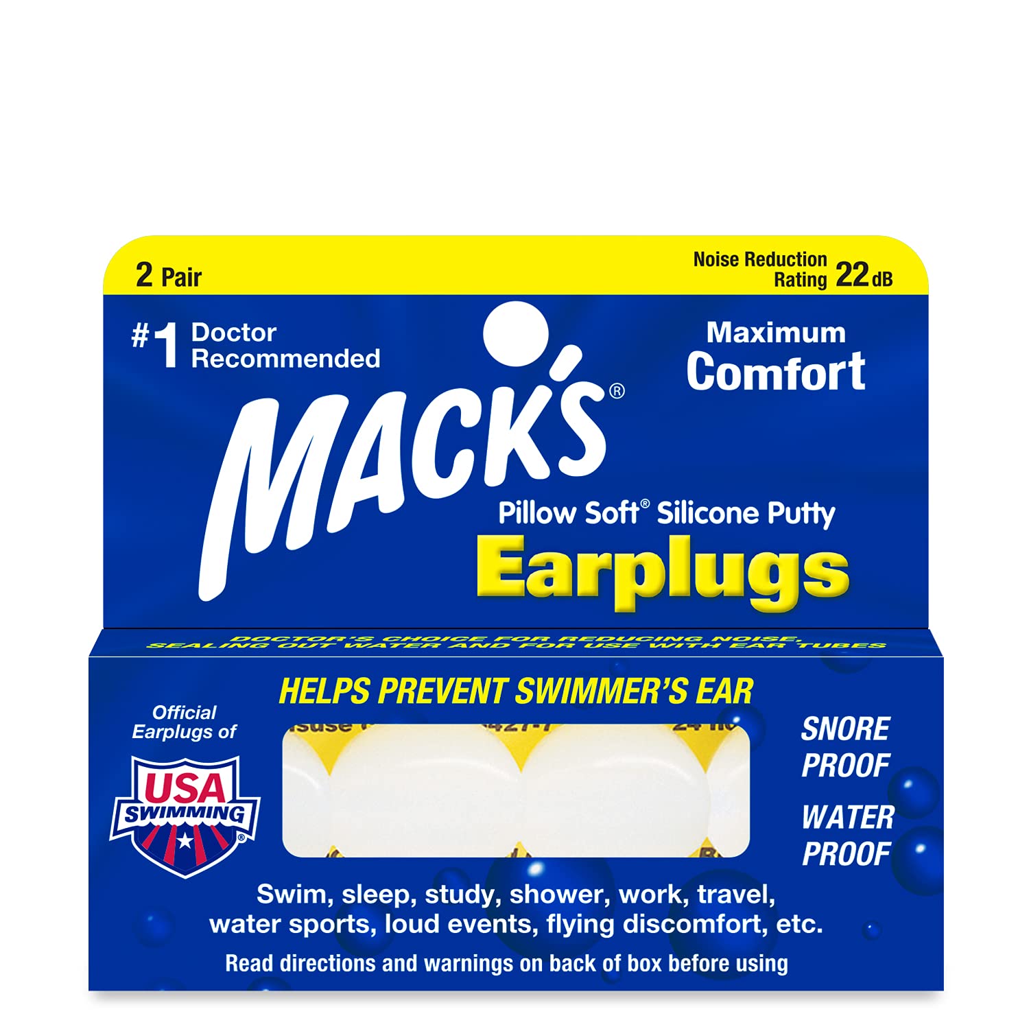 Mack's Pillow Soft silicone earplugs molded for comfortable sleep and snoring reduction.