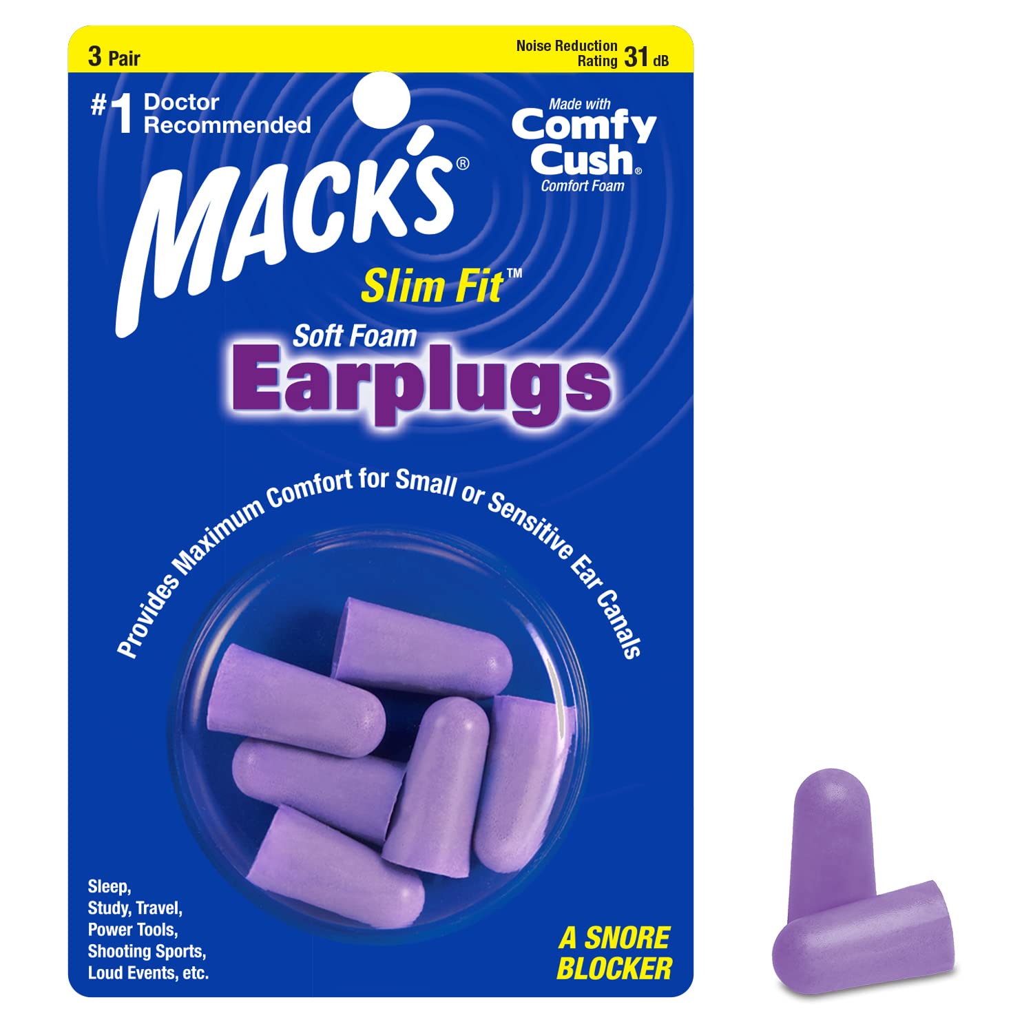 Mack's Slim Fit earplugs pack-front view showing compact design for small ear canals.