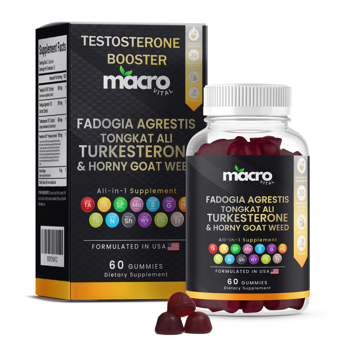 Macro Vital gummies bottle showing fast-absorption formula for on-the-go vitality.