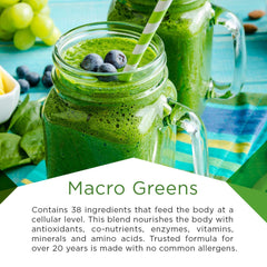 MacroLife Naturals Macro Greens beside a glass of smoothie for daily nutrition