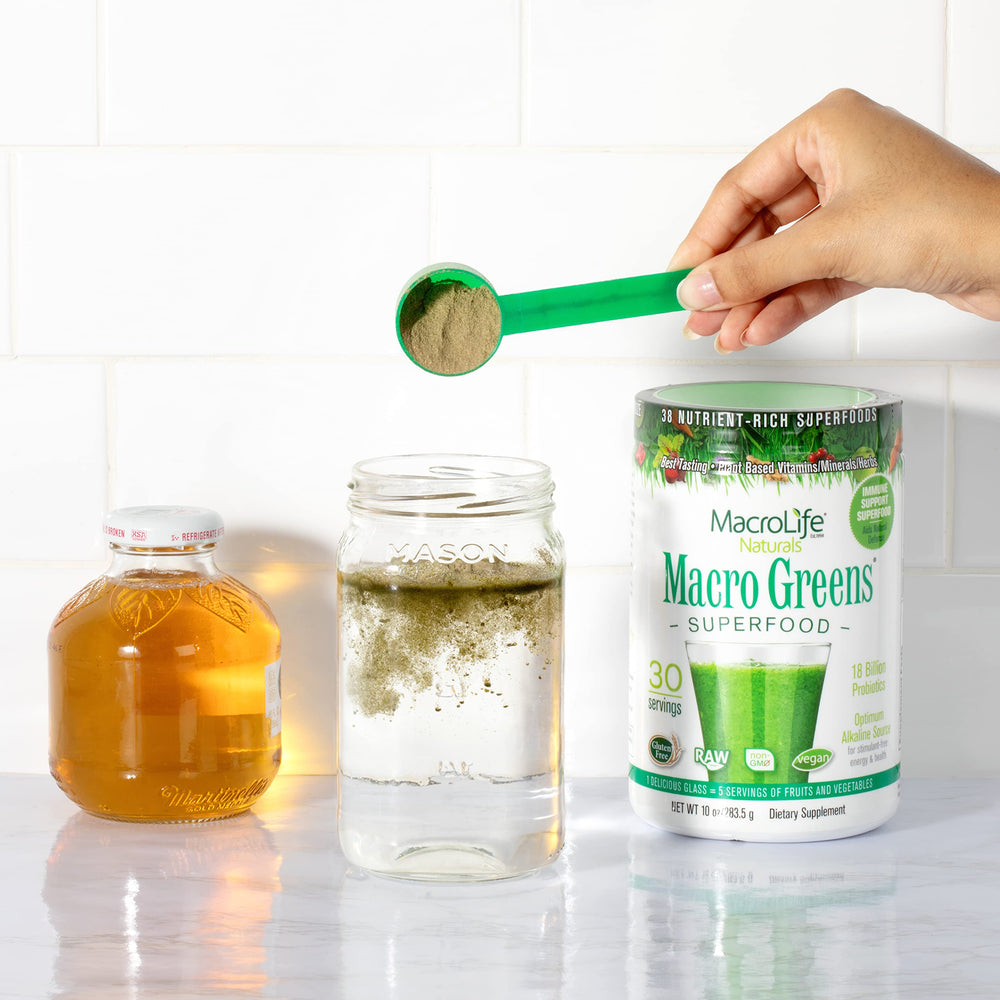 MacroLife Naturals Macro Greens in a kitchen setting showing plant-based nutrition