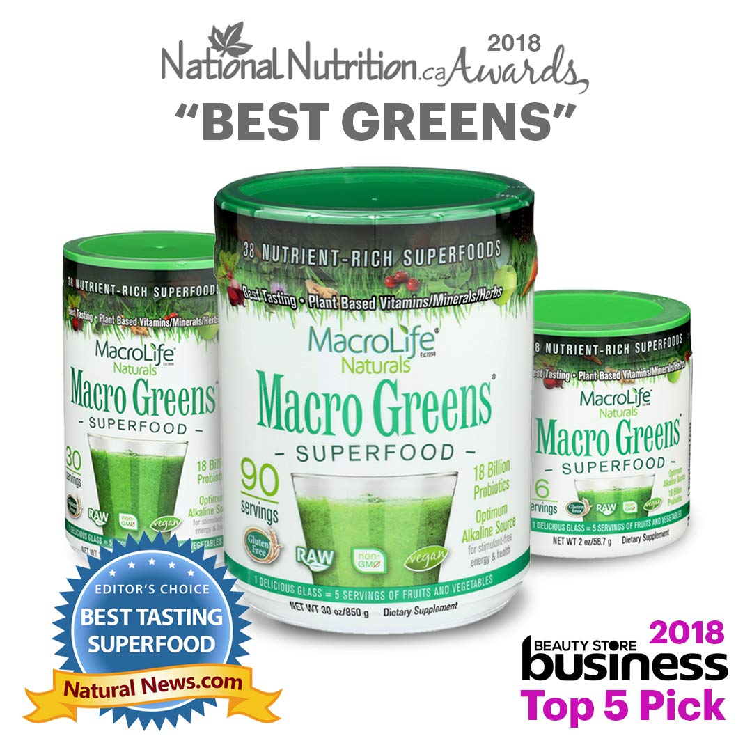 MacroLife Naturals Macro Greens being poured into a glass with measuring scoop