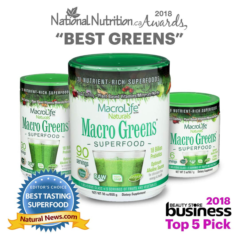 MacroLife Naturals Macro Greens being poured into a glass with measuring scoop