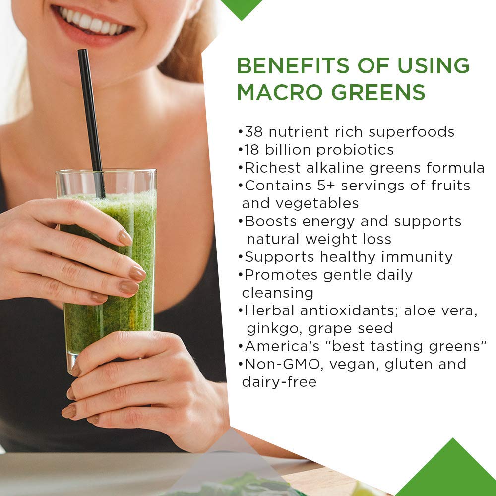 MacroLife Naturals Macro Greens scoop with ingredients label highlighting probiotics and enzymes