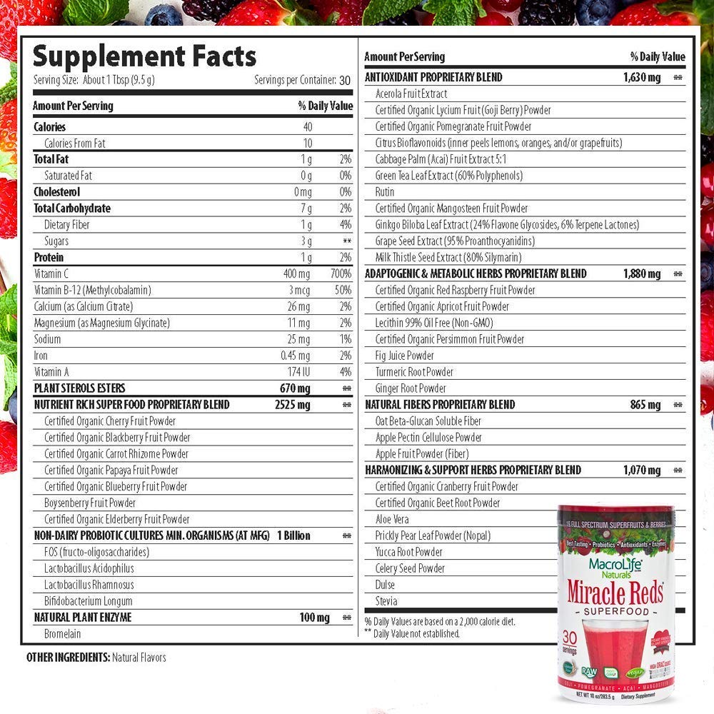 MacroLife Naturals Miracle Reds ingredients artwork emphasizing probiotics and plant enzymes.