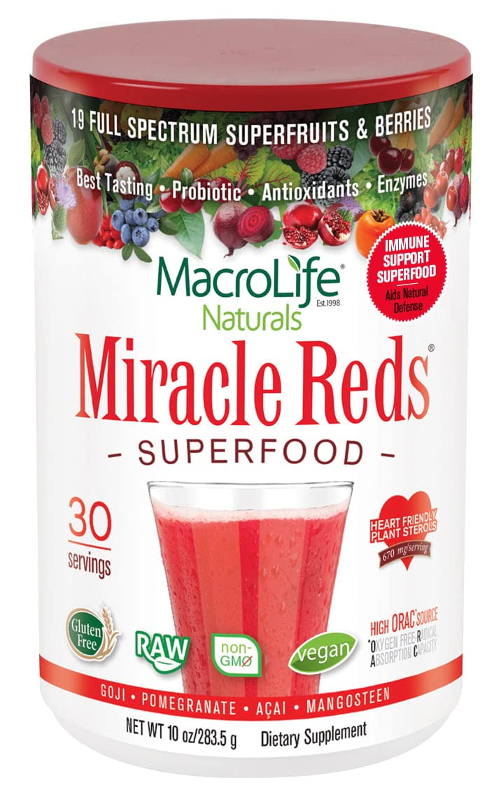MacroLife Naturals Miracle Reds powder container for daily antioxidant support.