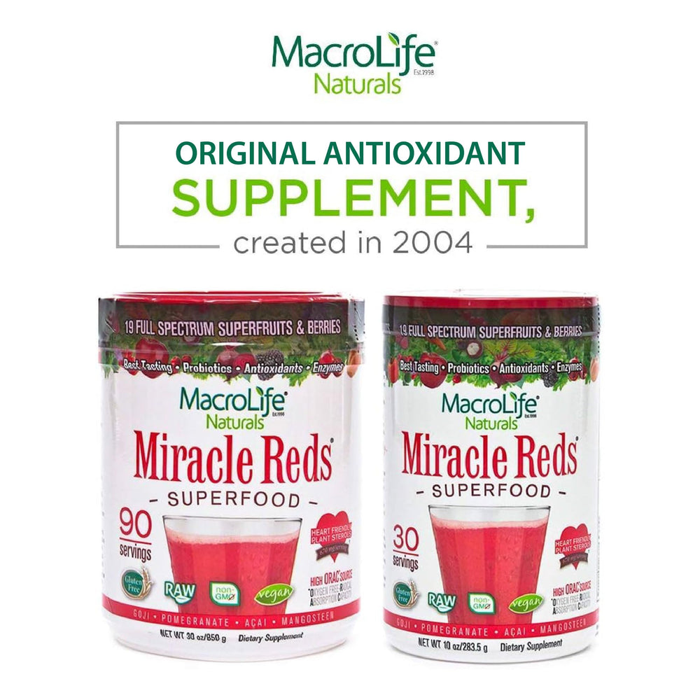 MacroLife Naturals Miracle Reds vegan symbol and sustainable sourcing label visible.