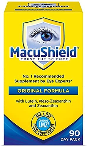 MacuShield eye supplement bottle back shows dosage and care information for easy use.