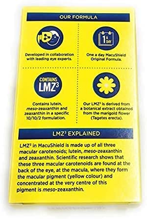 MacuShield eye supplement label close-up with brand focus for trusted choice.