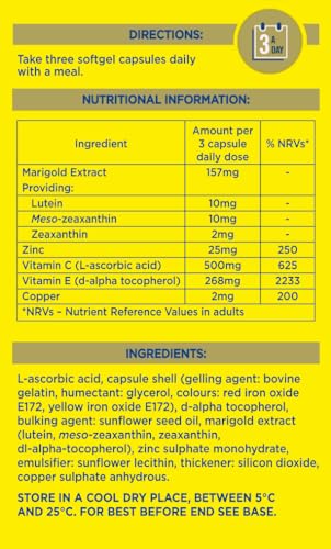 MacuShield Gold ingredients chart shows lutein, zeaxanthin, meso-zeaxanthin and zinc for eye health