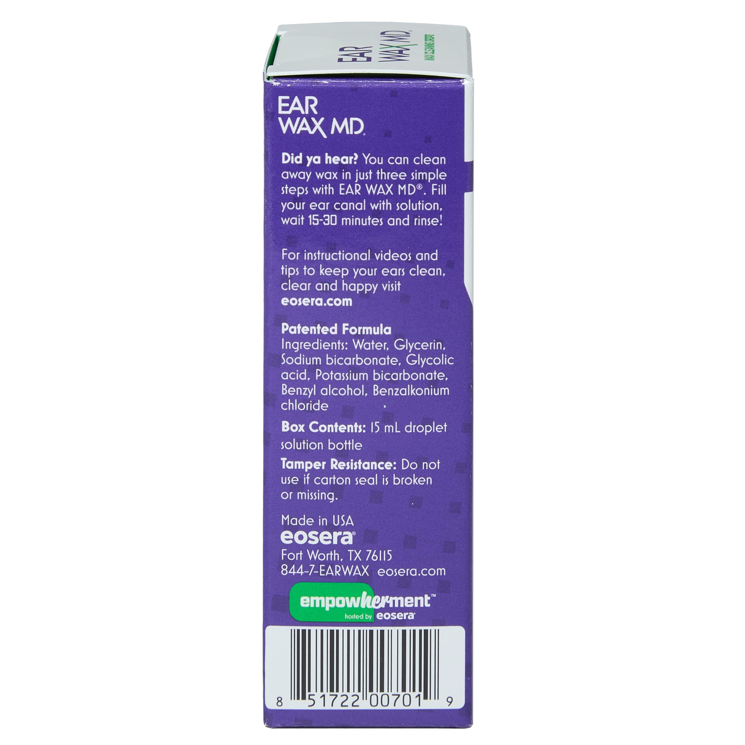 Made in USA label on eosera Ear Wax MD Drops box.
