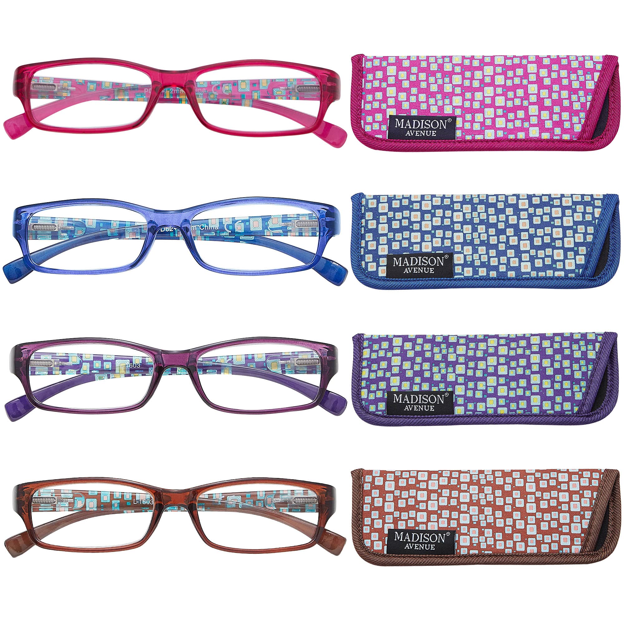 Madison Avenue blue light blocking reading glasses with multicolor frames for daily screen use.