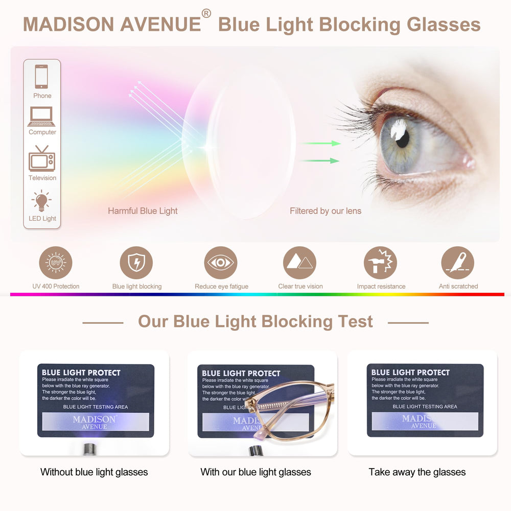 Madison Avenue blue light glasses worn for all-day comfort and glare reduction