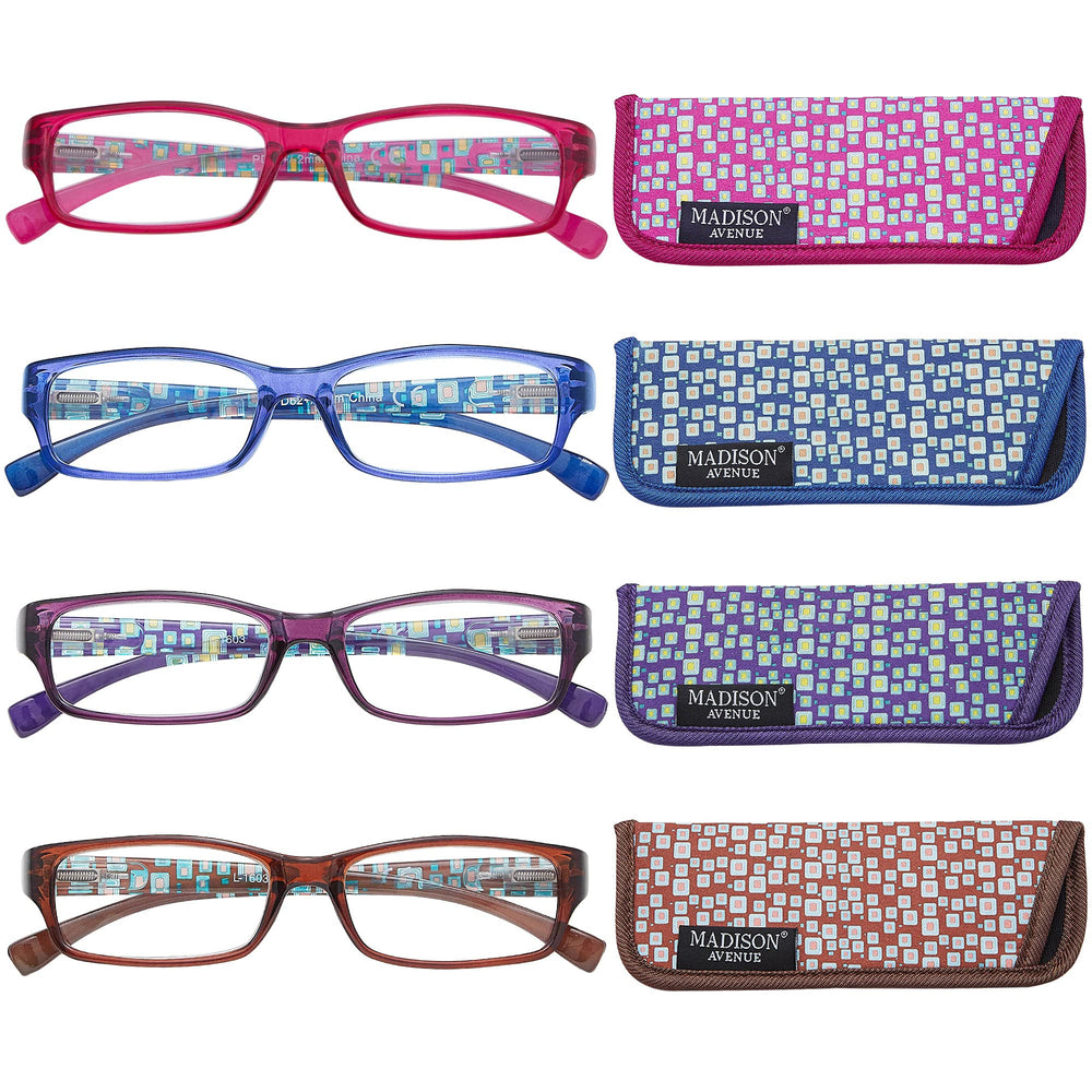Madison Avenue four-pack reading glasses with colorful frames for everyday style and function