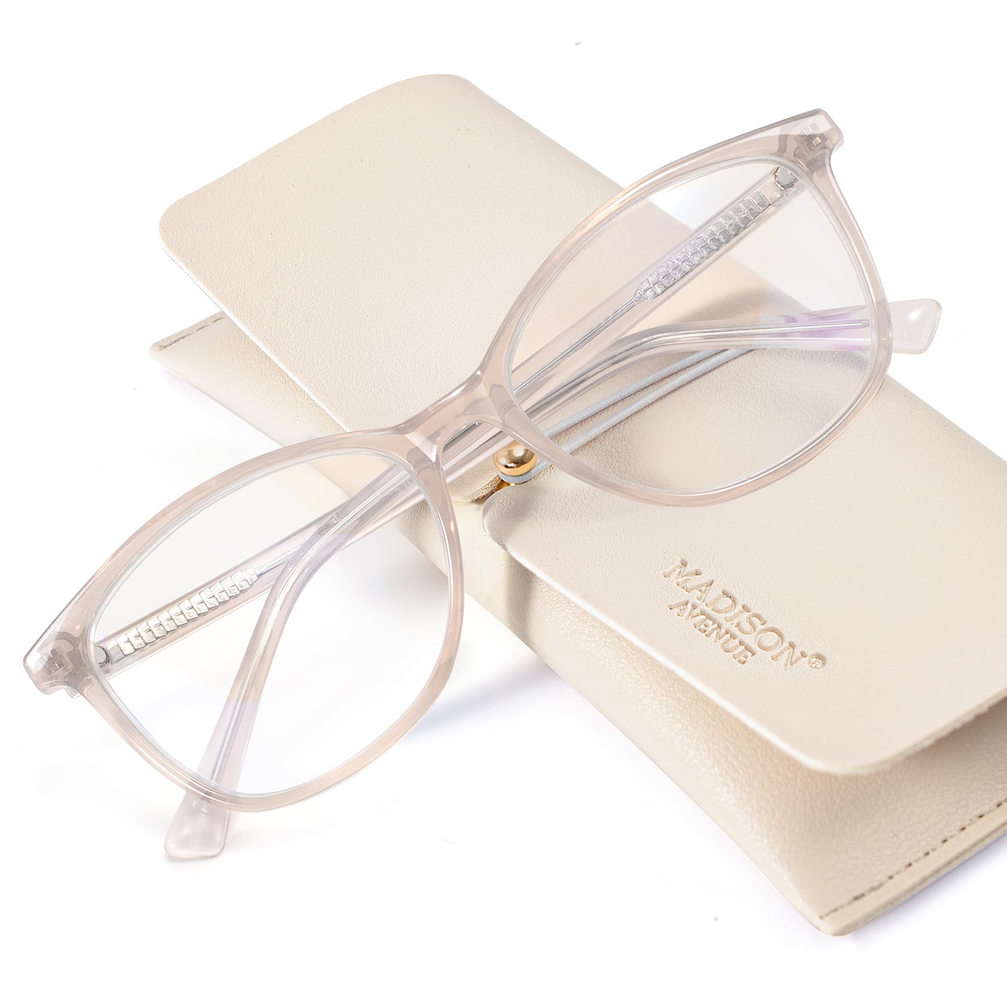 Madison Avenue TR90 glasses nude pink packaging, premium gift-ready presentation.