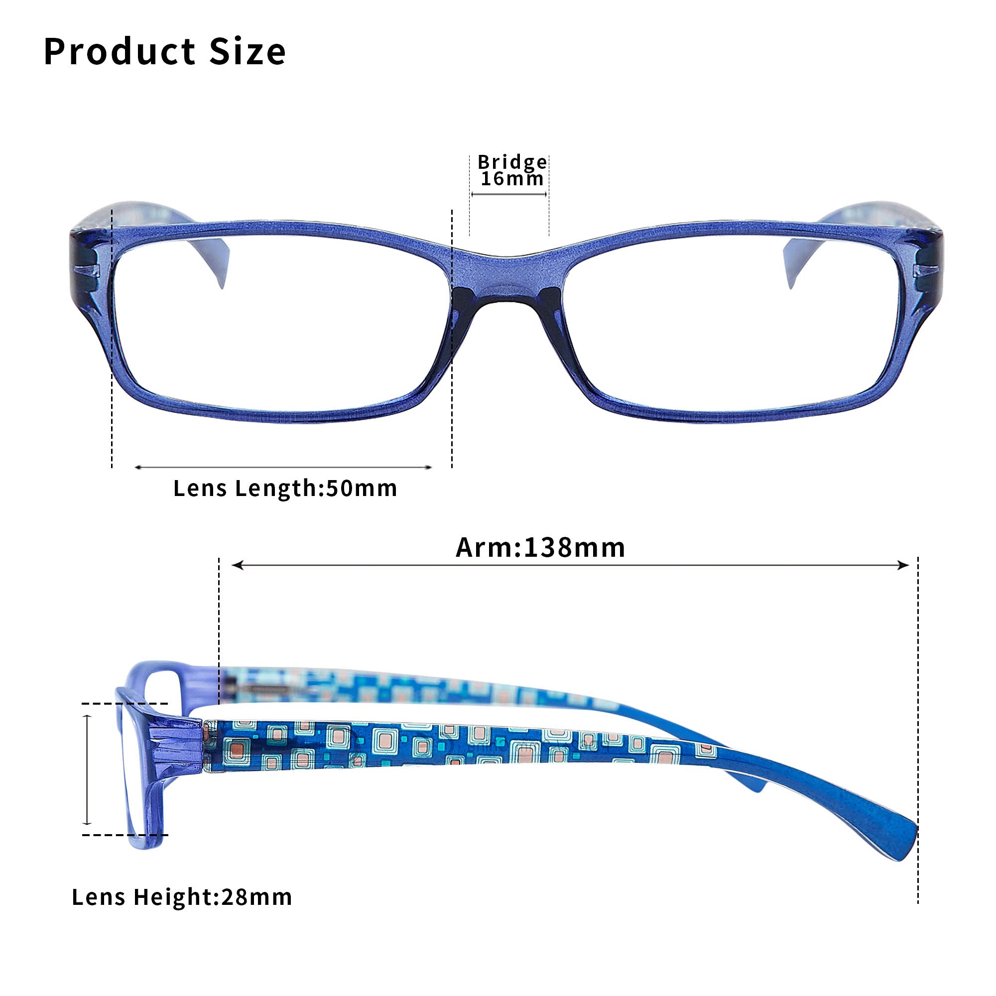 Madison Avenue dimensions diagram shows lens and temple measurements for fit.