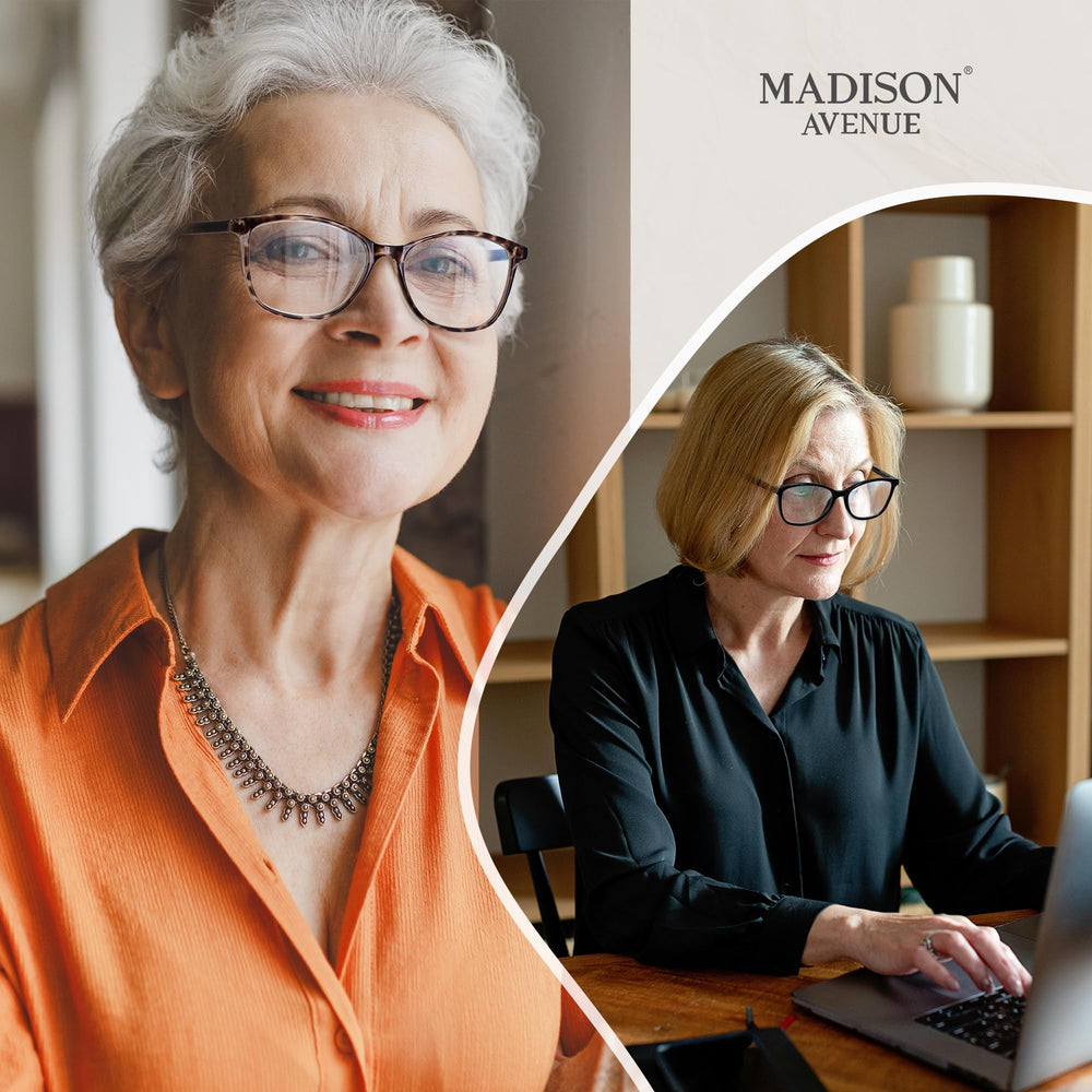 Close-up of anti-glare, scratch-resistant lens for daily screen use with Madison Avenue