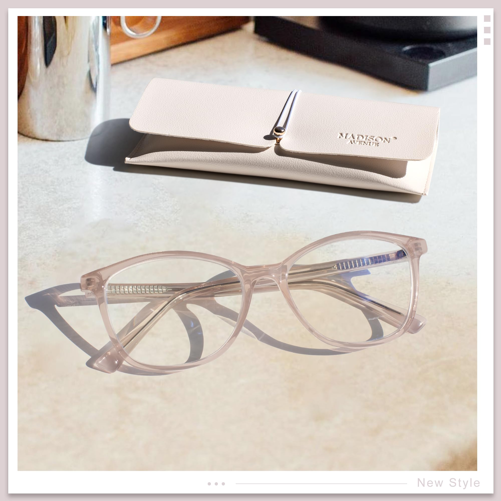 Madison Avenue lenses provide UV glare protection for outdoors.