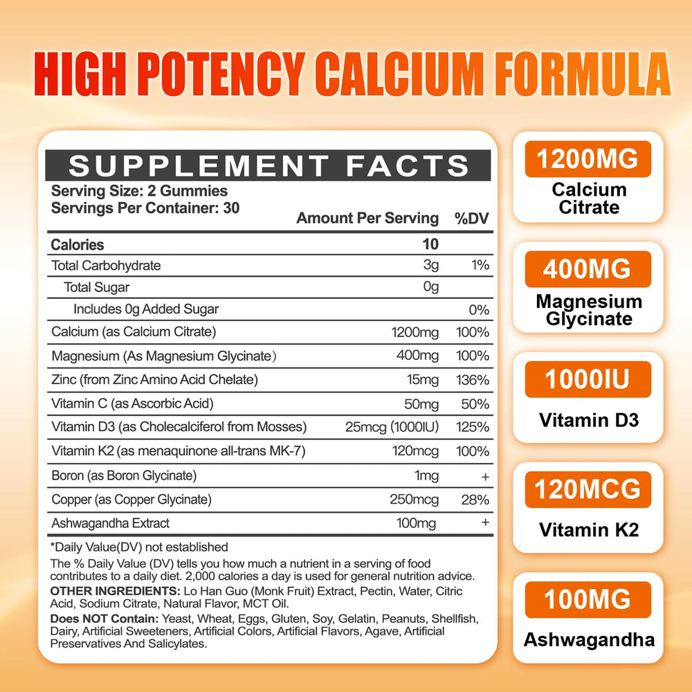 Maennyliy Calcium 1200mg gummies closeup, delicious orange flavor for easy daily intake.