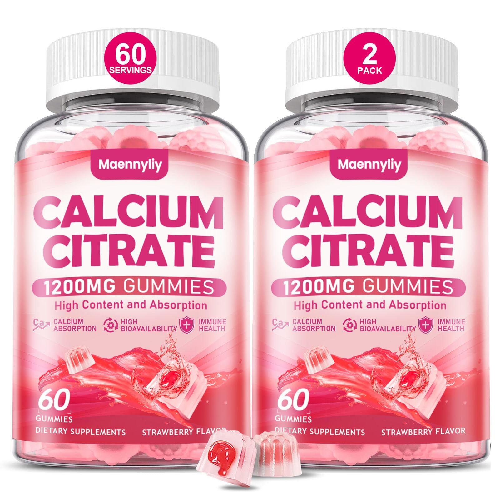 Maennyliy Calcium Citrate Gummies bottle highlights high absorption and natural strawberry flavor.