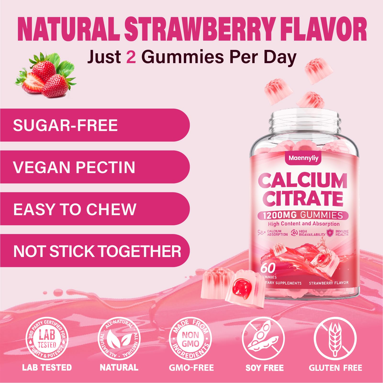 Maennyliy Calcium Citrate Gummies packaging emphasizes gluten-free and non-GMO features.