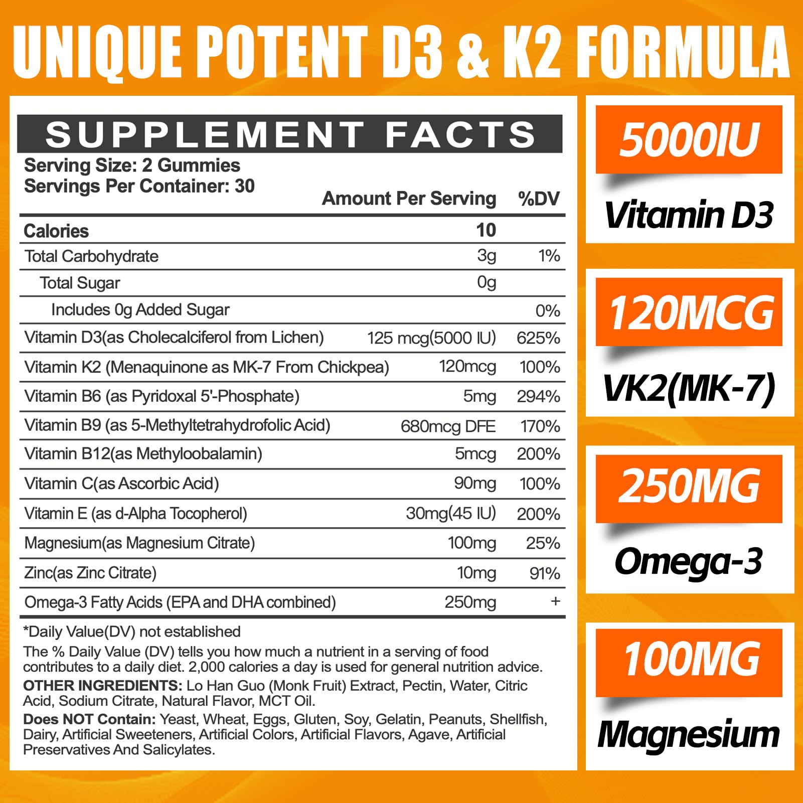Maennyliy Vitamin D3 K2 Gummies nutrition label close-up highlighting ingredients and quality.