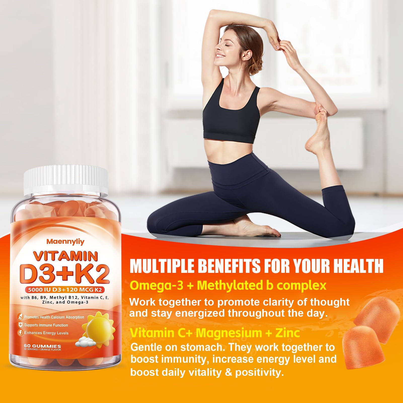 Maennyliy Vitamin D3 K2 gummies omega-3 badge on label signaling a supplement boost.