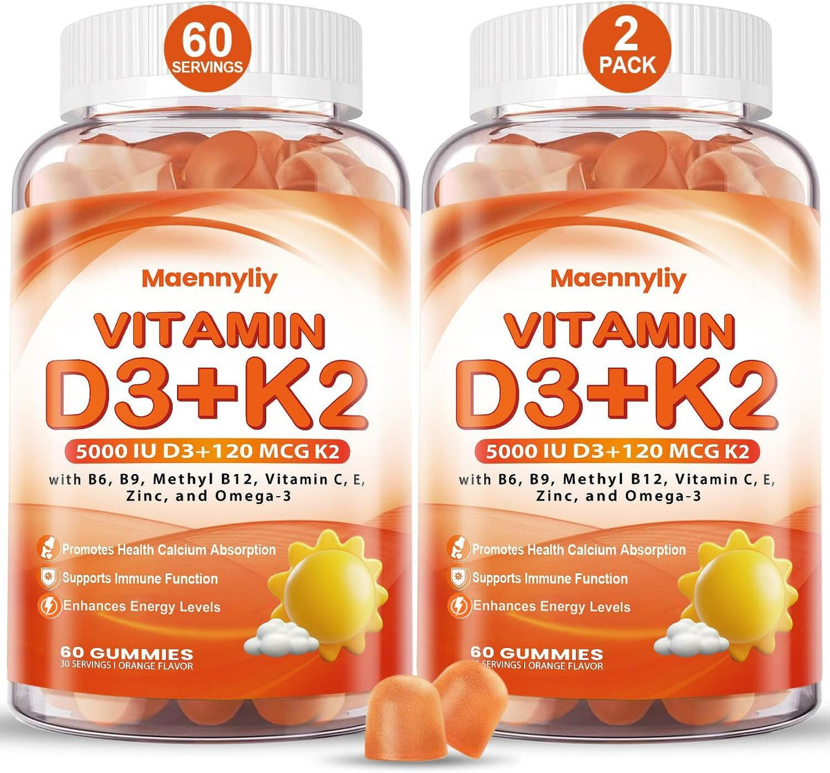 Maennyliy Vitamin D3 K2 gummies orange bottle for daily immune support