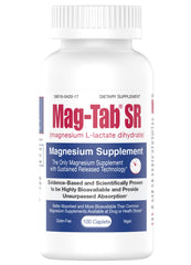 MAG-TAB SR bottle front shows sustained release for steady magnesium support.