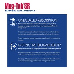 MAG-TAB SR label close-up showing 168mg elemental magnesium per two caplets.